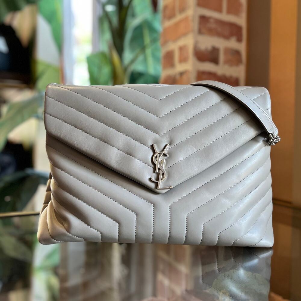 SAINT LAURENT Loulou Large Gray Matelasse Chevron Leather Shoulder Bag